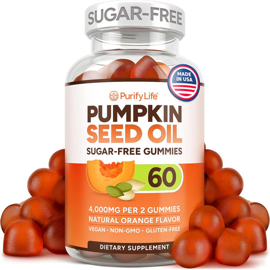 Sugar-Free Pumpkin Seed Oil Gummies (4,000mg/serving) Pumpkin Seed Oil for Hair Growth, Youthful Skin, Prostate Health, Immune & Urinary Tract Support-Natural Source of Essential Fatty Acids-60 Chews