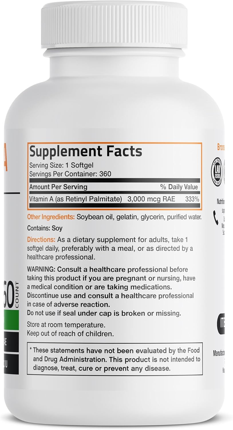 Bronson Vitamin A 10,000 IU Premium Non-GMO Formula Supports Healthy Vision & Immune System and Healthy Growth & Reproduction, 360 Softgels