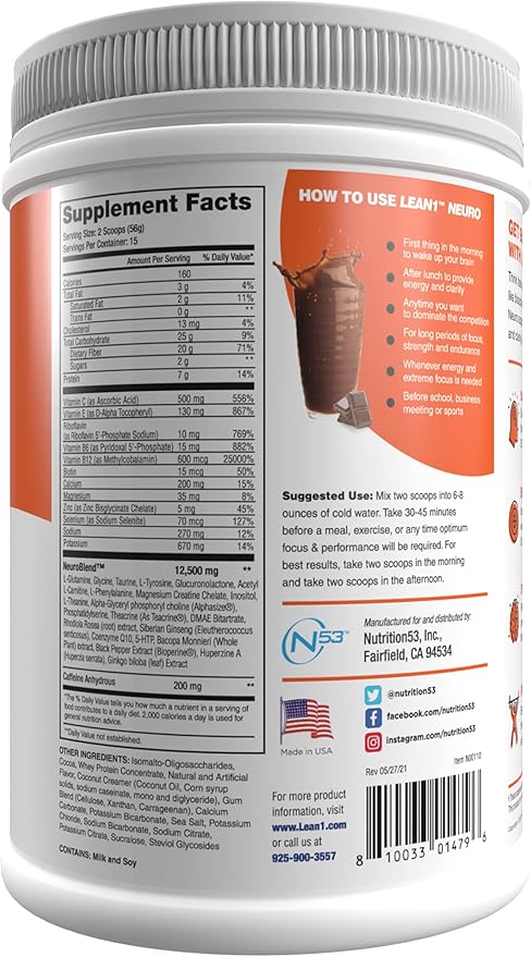 Lean1 Neuro Chocolate, Mental Energy Drink, 15 Serving tub by Nutrition53