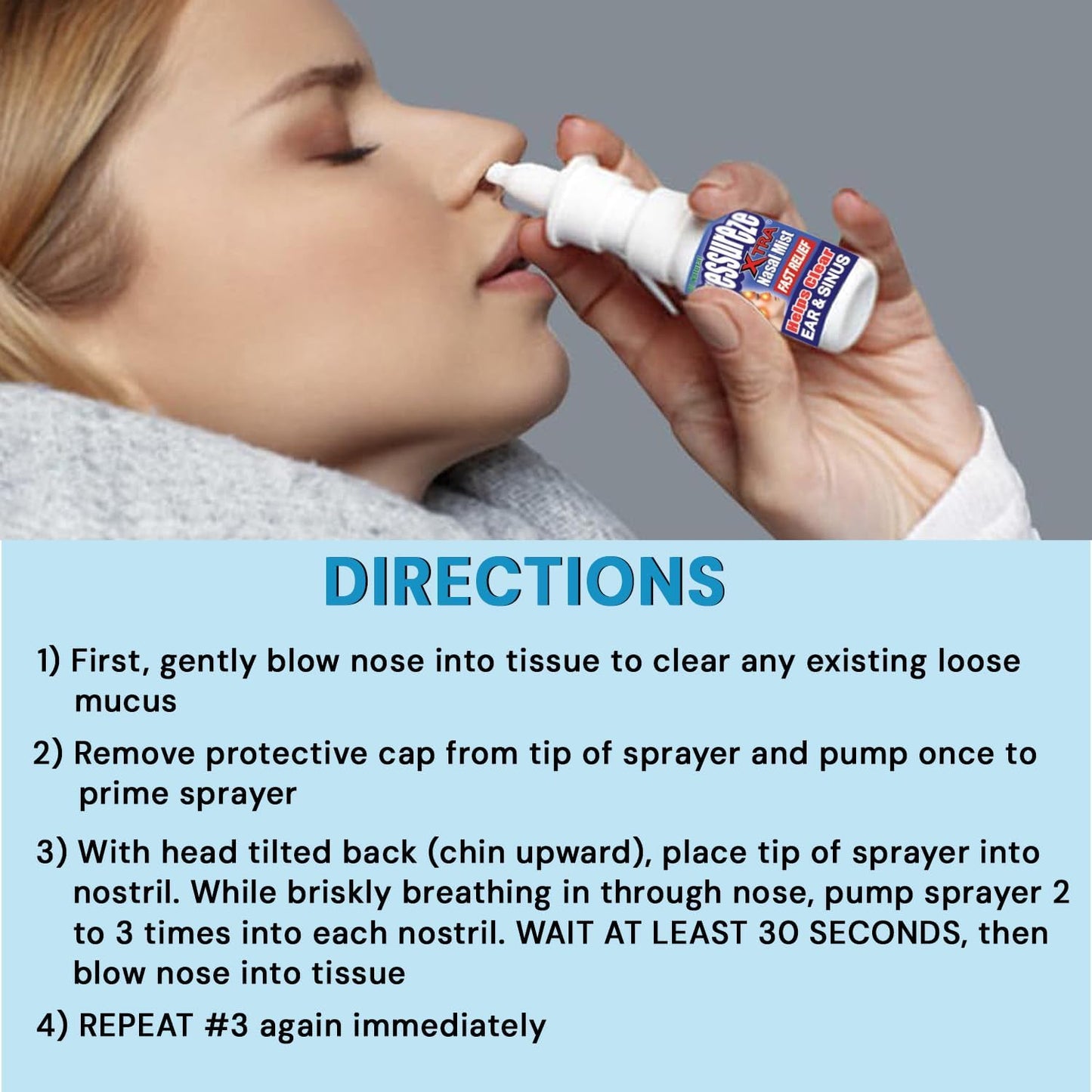 Pressureze Xtra - Natural- Preservative Free - Sterile Nasal Spray - for Severe Sinus Congestion Relief - Opens Blocked Ear Canals, Snoring - 245 Sprays, 34 ml (Pack of 1)