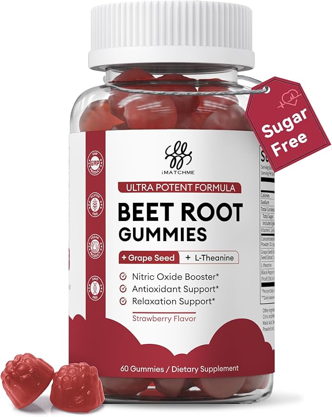 Beet Root Gummies – Blood Pressure Support & Mood Support, Super Nitric Oxide Beets Supplement with Grape Seed, L-Theanine & Vitamin C, Sugar-Free Vegan, 30:1 Beet Root Extract, 60 Strawberry Chews