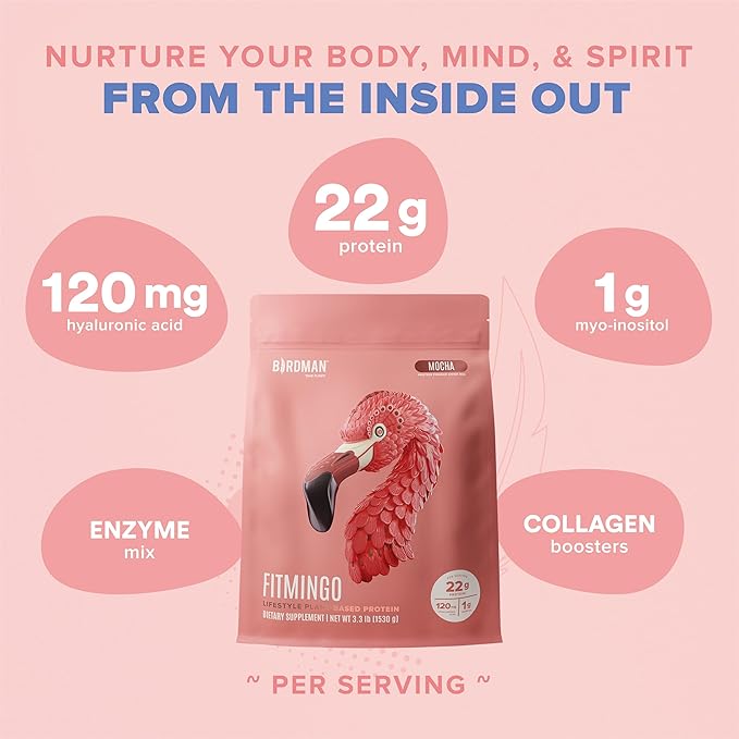 BIRDMAN Fitmingo Vegan Protein Powder with Inositol, Collagen Boosters, Hyaluronic Acid and Vitamins | Low Carb, Dairy Free, Low Calorie | 22g Plant Based Mocha Protein Powder with Myo-Inositol