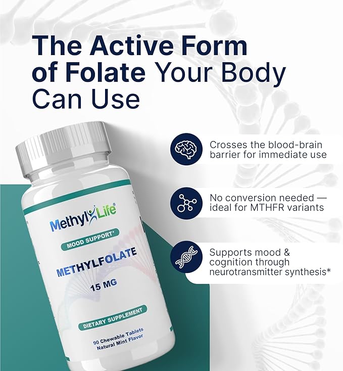 Methyl-Life® L-Methylfolate 15 mg for Women & Men – Active Folate Supplement with ultrapure Cerebrofolate® (L-5-MTHF Calcium) – High Bioavailability B9 Support – Tasty Chewable Tablets | 90 Count