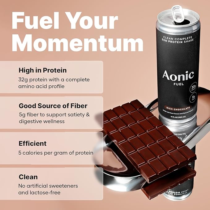 Aonic Fuel 32g Protein Shake, 5g Fiber, Lactose-Free, Complete Amino Acid Profile, No Added Sugar, Made with Real Cocoa, 11 fl oz (Pack of 12) - Rich Chocolate