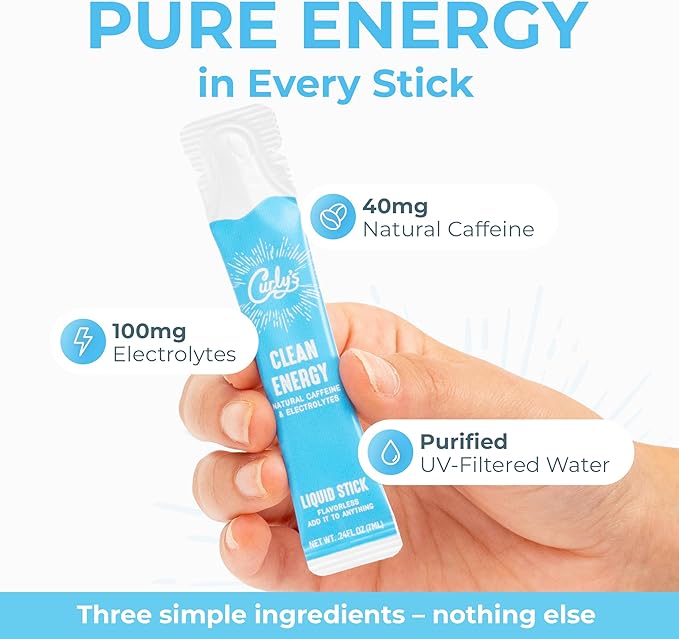 Curly's Clean Energy Caffeine & Electrolyte Sticks - Energize Your Favorite Drink - Keto, Paleo & Whole 30 Friendly - All Natural - No Sugar, No Calories, Non-GMO - 30 Flavorless Liquid Stick Packs