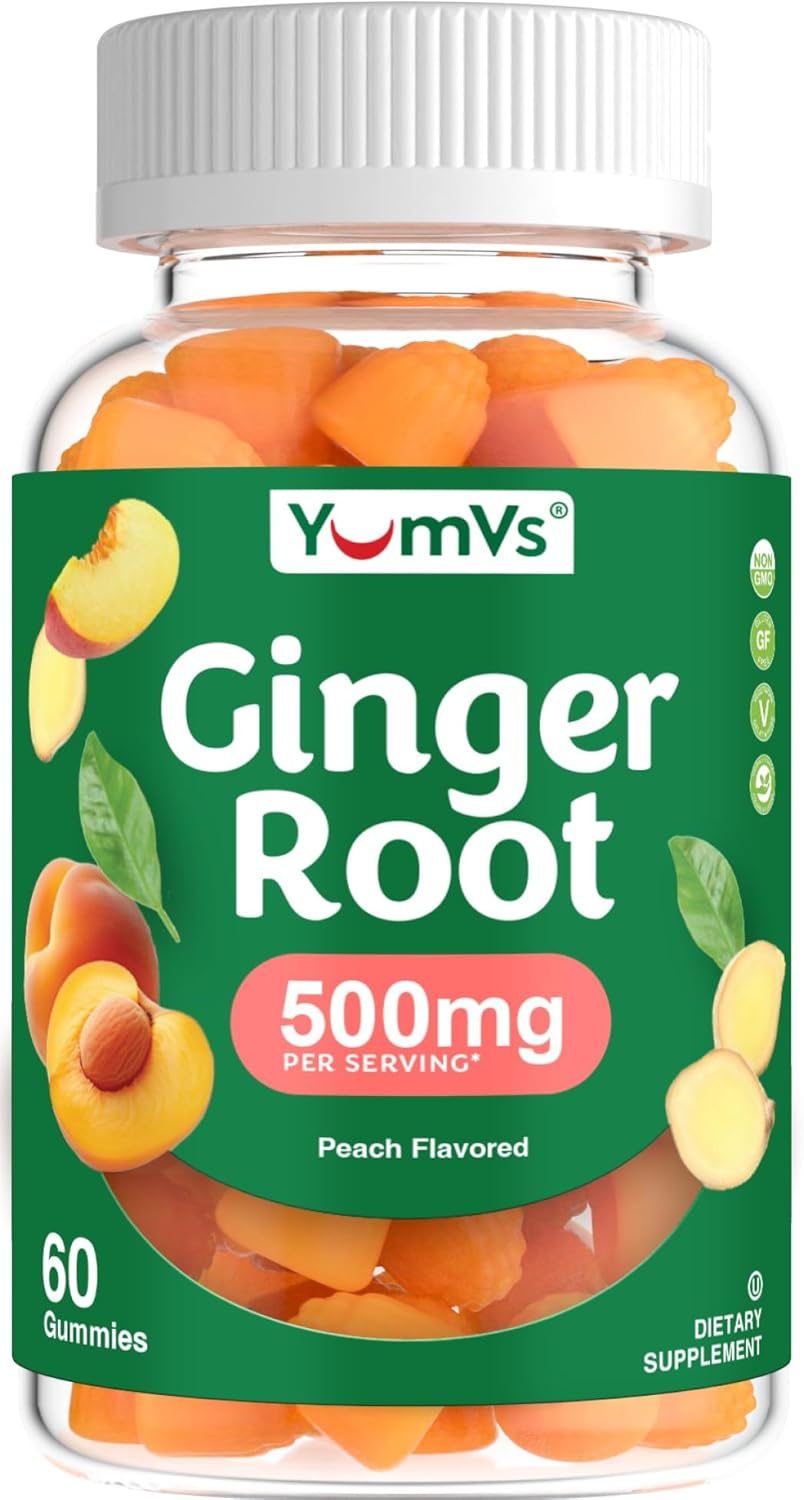 YumVs Ginger Gummies – 500 mg Ginger Root Extract – Peach Flavor, 60 Count – Natural Nausea Relief, Digestion & Immune Support – Ginger Supplement for Women & Men – Vegan, Non-GMO, Gelatin-Free