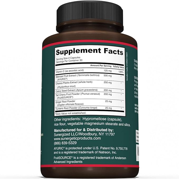 Sunergetic Premium Uric Acid Support Supplement – Uric Acid Cleanse & Kidney Support – Includes Tart Cherry, Chanca Piedra, Celery Extract & Turmeric - 60 Capsules