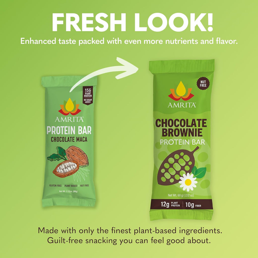 Amrita Nut Free Chocolate Brownie Vegan Protein Bars (12 Count) | 12g Plant-Based Protein Bar | Peanut Free, Gluten Free, and Dairy Free | Low Sugar, High Fiber, Healthy School-Safe Snacks