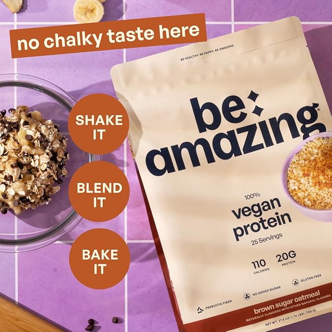BE AMAZING Vegan Protein Powder, Brown Sugar Oatmeal, 20g Plant Based Protein with Prebiotic Fiber, Low Carb, Dairy and Gluten Free Shake Mix, No Added Sugar, 29.3 oz, 25 Servings