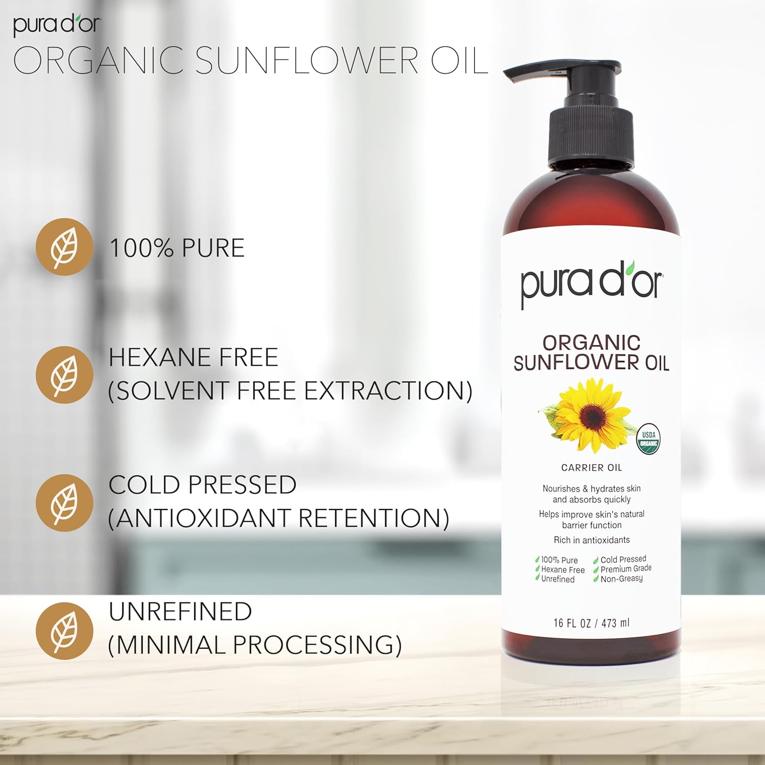 PURA D'OR 16 Oz ORGANIC Sunflower Seed Oil - 100% Pure & Natural USDA Certified Cold Pressed Carrier Oil For DIY Beauty - Unscented, Hexane Free Liquid Moisturizer - Face Skin & Hair - Men & Women