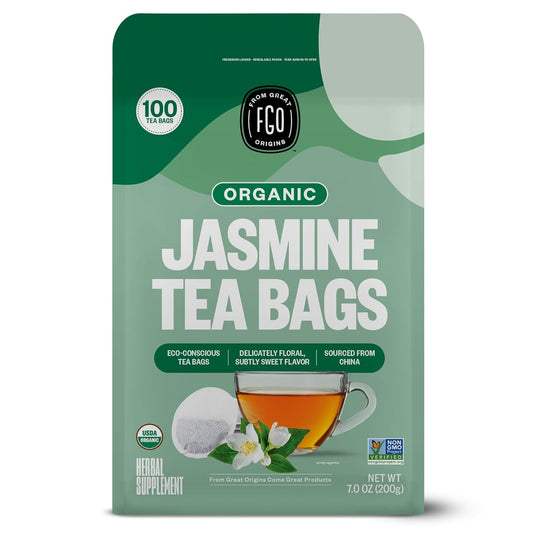 FGO Organic Jasmine Green Tea, 100 Count, Eco-Conscious Tea Bags, Resealable Bag, Packaging May Vary (Pack of 1)