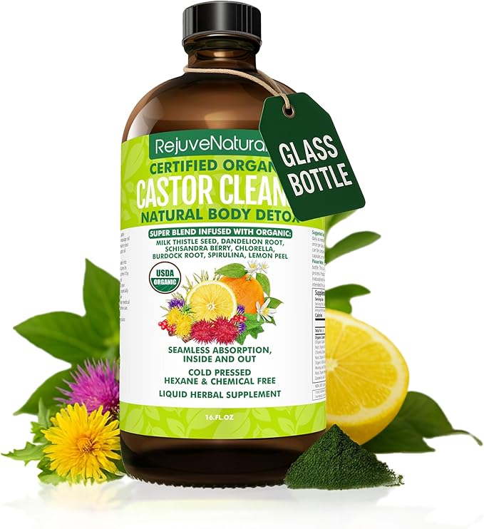 RejuveNaturals Castor Cleanse™ - USDA Organic Castor Oil, Chlorella, Spirulina, Roots & Greens for Wellness, Digestive Support, Daily Balance. 3-Month Supply Gut Cleanse Detox for Women & Men - 16oz.