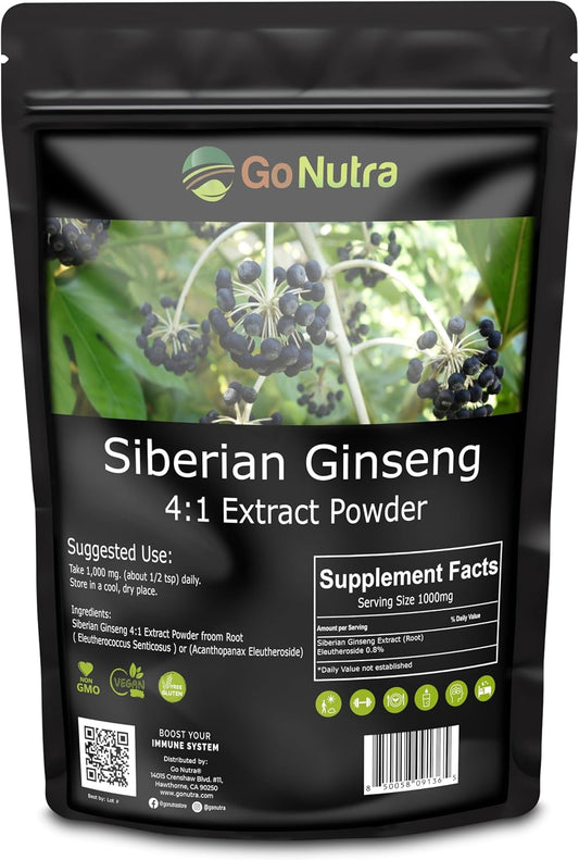 Go Nutra Siberian Ginseng - Eleuthero Root Powder | 4:1 Extract 4X Times Stronger | Supports Energy & Stamina | Natural & Adaptogenic | Eleutherococcus Senticosus | Non-GMO | 4 Ounce