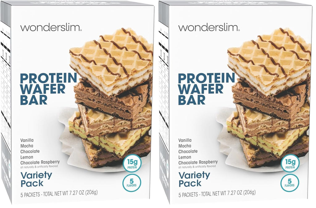 WonderSlim Protein Wafer Snack Bar, Variety Pack, 15g Protein, 5 Flavors, 0mg Cholesterol (5ct) (Pack of 2)