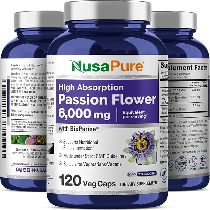 NusaPure Passion Flower 20:1 Extract, 300 mg Equivalent to 6,000mg, 120 Veggie Caps, Non-GMO, Bioperine, Extract Supplement
