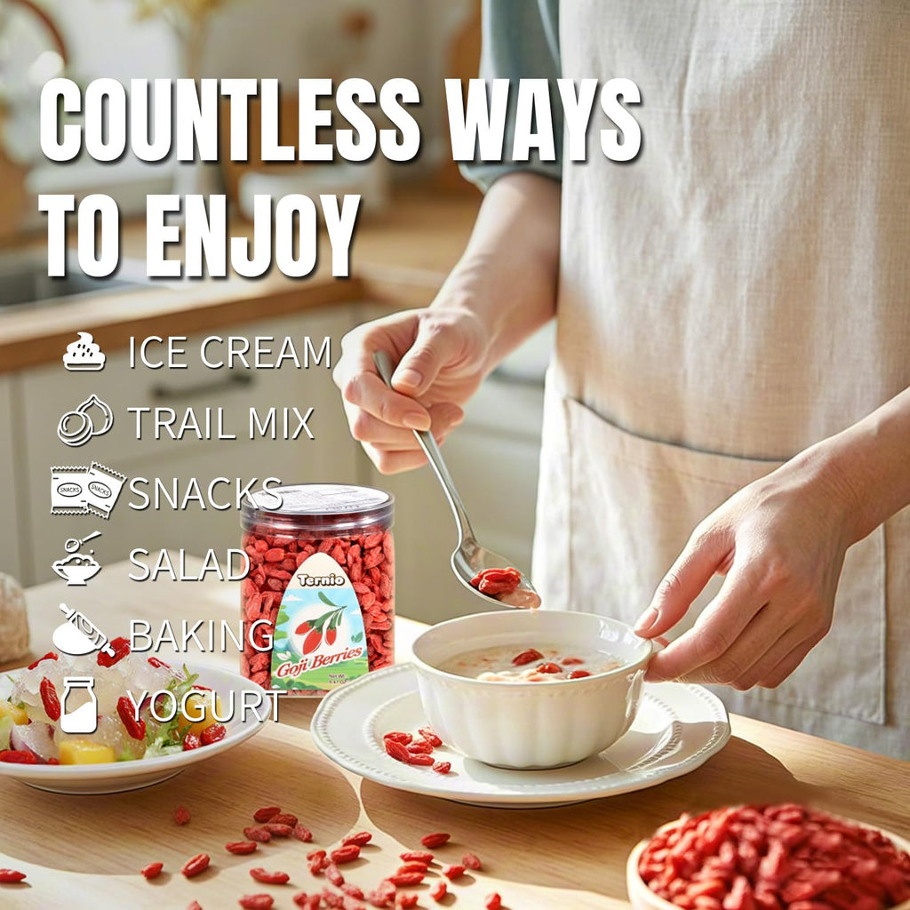 Ternio Organics Goji Berries - 8.47oz/240g - 100% Natural Goji Berries - No Sulfates and Additives - Large Berries - Suitable for Making Goji berry tea, Powder, Oat Food and Snacks.