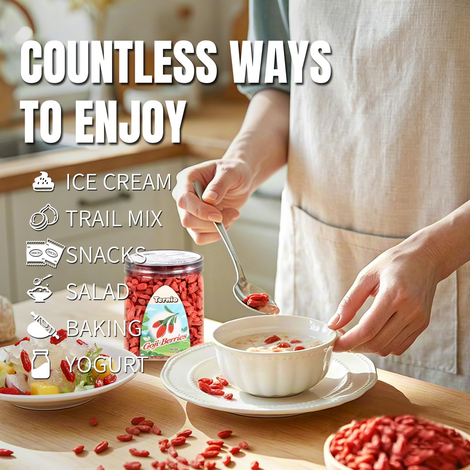 Ternio Organics Goji Berries - 8.47oz/240g - 100% Natural Goji Berries - No Sulfates and Additives - Large Berries - Suitable for Making Goji berry tea, Powder, Oat Food and Snacks.