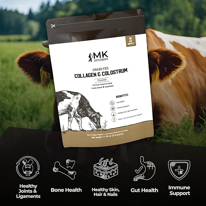 MK Supplements Collagen & Colostrum – Grass-Fed Collagen Peptides & Colostrum Powder for Hair, Nail, Skin, Bone & Joint Health, Chocolate Flavor + Monk Fruit