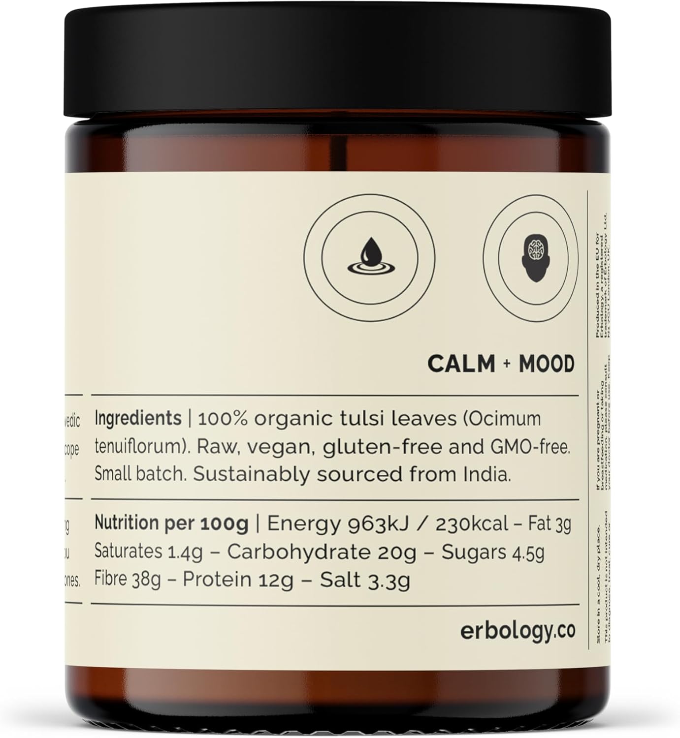 Erbology 100% Organic Tulsi Powder 6.4 oz - Holy Basil - Calm and Mood - Straight from Farm - Raw, Vegan and Gluten-Free - Non-GMO - No Additives or Preservatives - Recyclable Glass Jar