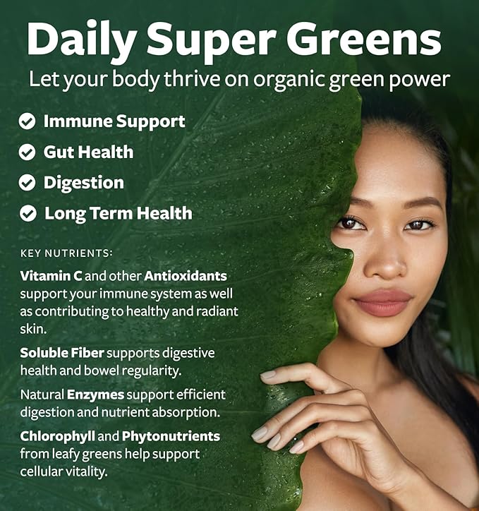 USDA Organic Super Greens Supplement - Organic Greens Fruits and Vegetable Supplement for Adults with 28 Superfood Complex with Superfruits Roots Herbs & More - Vegan & Non-GMO (Up to 2 Month Supply)