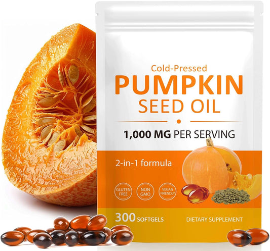 Pumpkin Seed Oil Capsules, 2-in-1 Formula with Saw Palmetto for Hair, 1000mg 300Softgels Rich in Fatty Acids | Supports Hair Heart