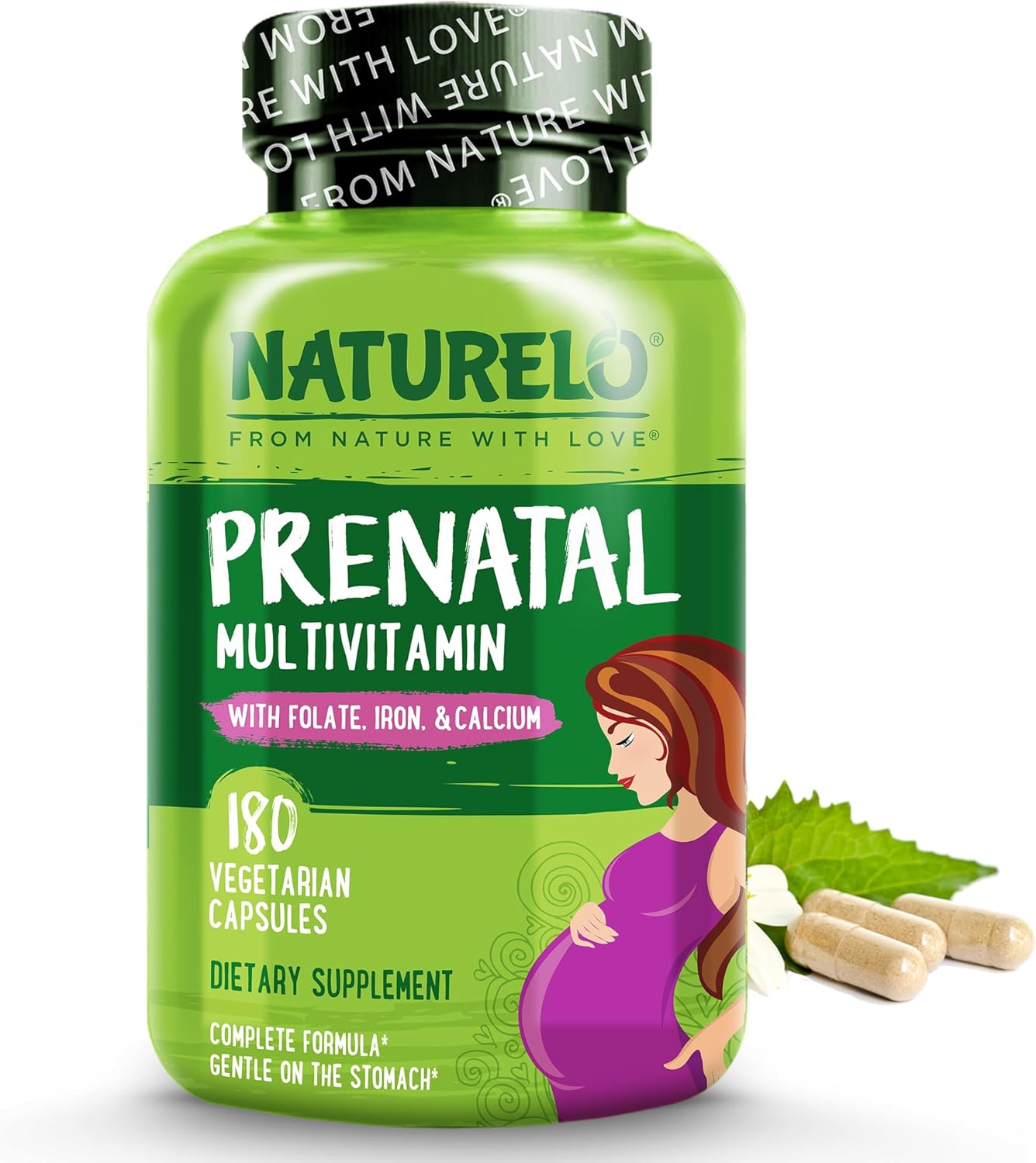 NATURELO Prenatal Multivitamin with Gentle Chelated Iron, Methyl Folate, Plant Calcium & Choline - Vegan, Vegetarian - Non-GMO - Gluten Free - 180 Capsules - 2 Month Supply