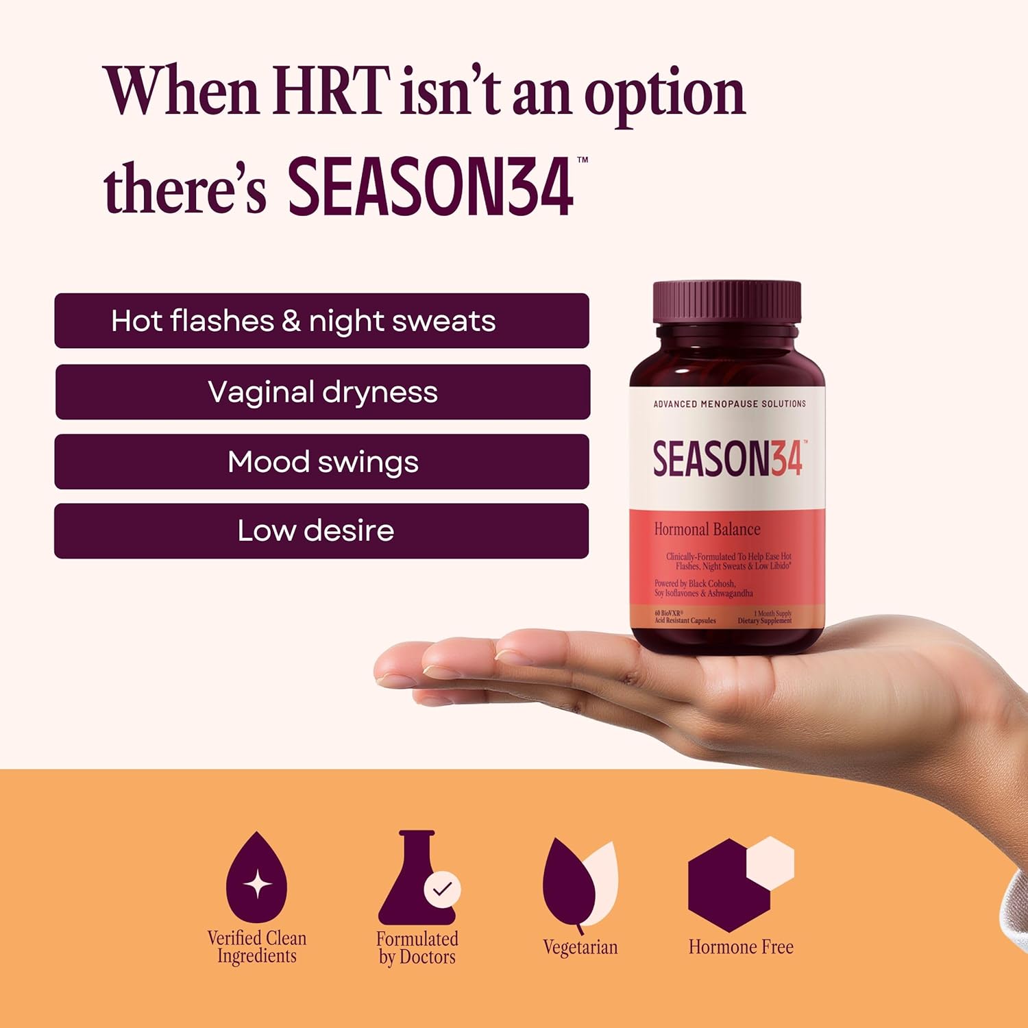 Hormonal Balance for Women | Rhubarb Extract, Soy Isoflavones & Black Cohosh for Hot Flash, Night Sweat & Mood Support, Menopause Relief Supplement, Hormone-Free 60 Capsules, 1 Month Supply