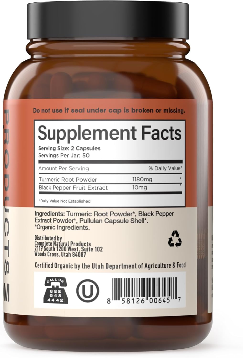 Complete Natural Products Organic Turmeric & Piperine Capsules, 600mg, 100ct, High Absorption Curcumin with Black Pepper, Plant-Based & USA Made