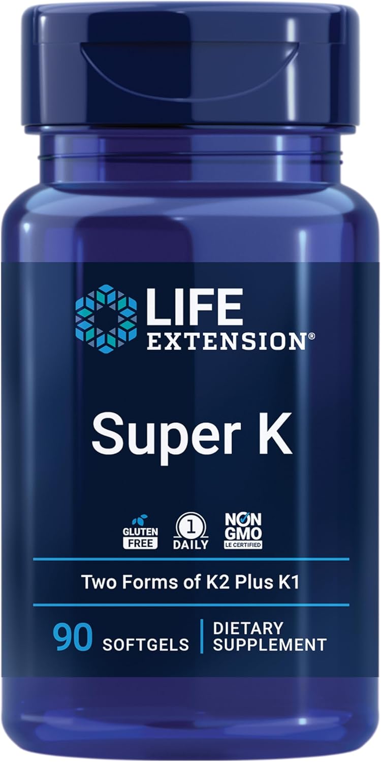 Life Extension Super K, Vitamin K1, Vitamin K2 mk-7, Vitamin K2 mk-4, Heart Health, arterial Health, Calcium Balance, 3-Month Supply, Gluten-Free, 1 Daily, Non-GMO, 90 softgels