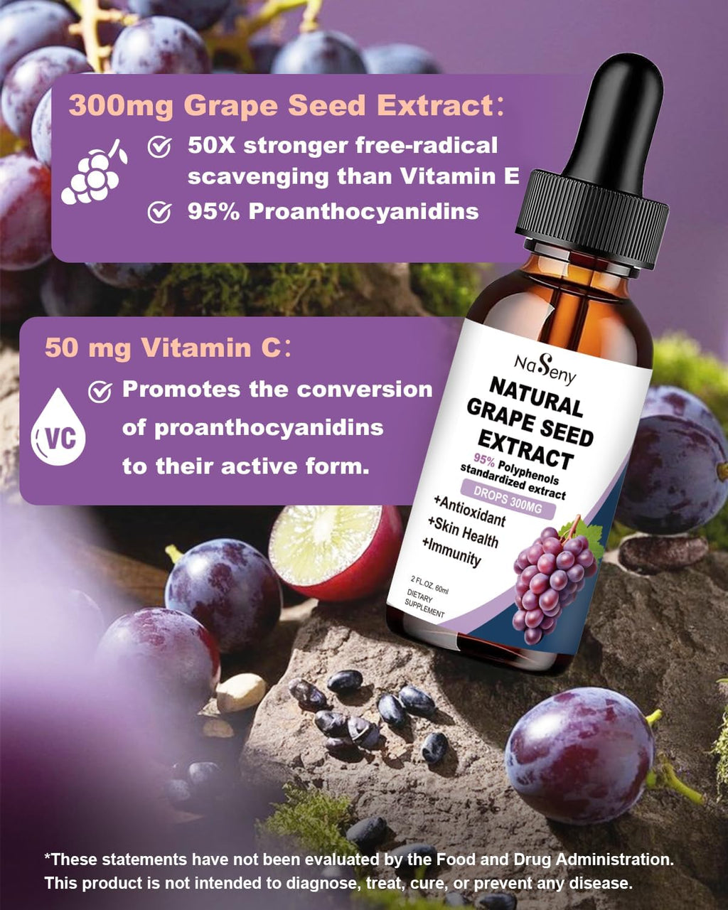 Grape Seed Extract Liquid Drops Standardized to 95% Polyphenols-300 mg Grape Seed Maximum Strength Standardized Tincture, High Absorption Liquid Vitis Vinifera Extract Drops -Non-GMO (2 Bottles)