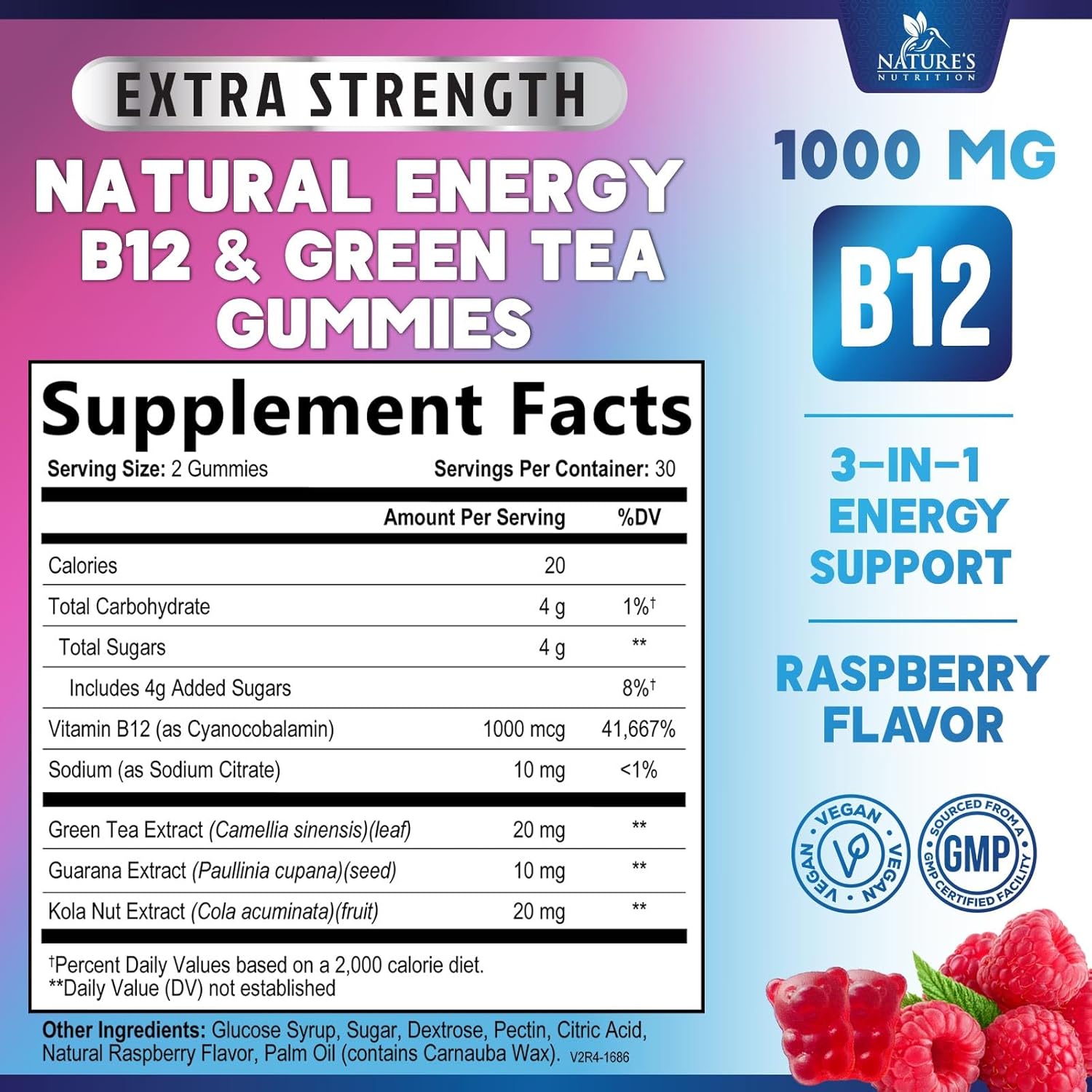 Energy Gummies 1000mcg - with Vitamin B12, Green Tea Natural Caffeine Support, Daily Energy Gummies - Delicious Berry Flavor B12 Chewable Exercise Supplement for Running Cycling & Sports - 60 Chews
