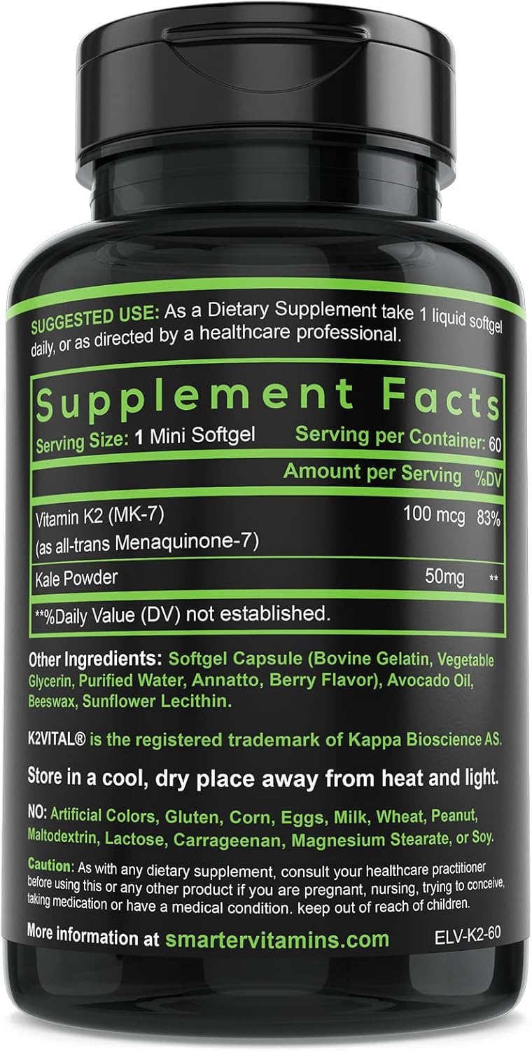 Smarter Vitamin K2 MK7 100mcg, Made with K2VITAL and Kale, 60 Liquid Softgels