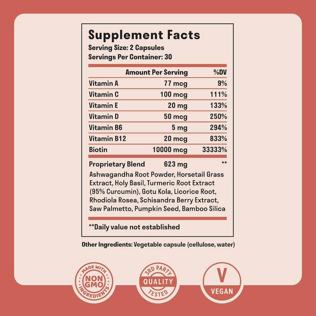 Hair Vitamins - Biotin 10000 mcg with Vitamin A, E, C, D & Adaptogens to Support Hair, Skin & Nails - Biotin Supplement for Health & Growth | Vegan, Non-GMO, Gluten Free | 60 Capsules & 30 Servings