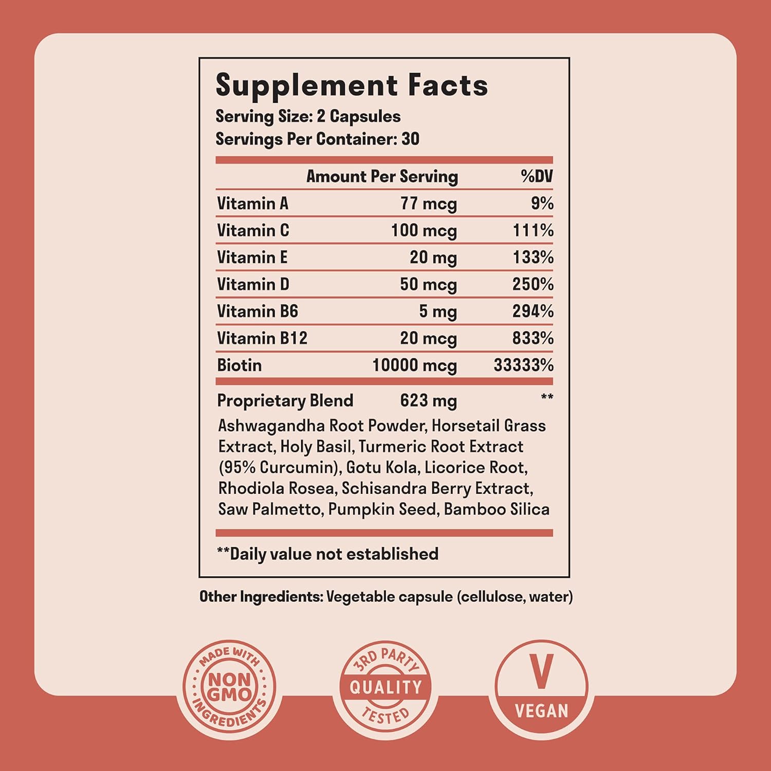 Hair Vitamins - Biotin 10000 mcg with Vitamin A, E, C, D & Adaptogens to Support Hair, Skin & Nails - Biotin Supplement for Health & Growth | Vegan, Non-GMO, Gluten Free | 60 Capsules & 30 Servings