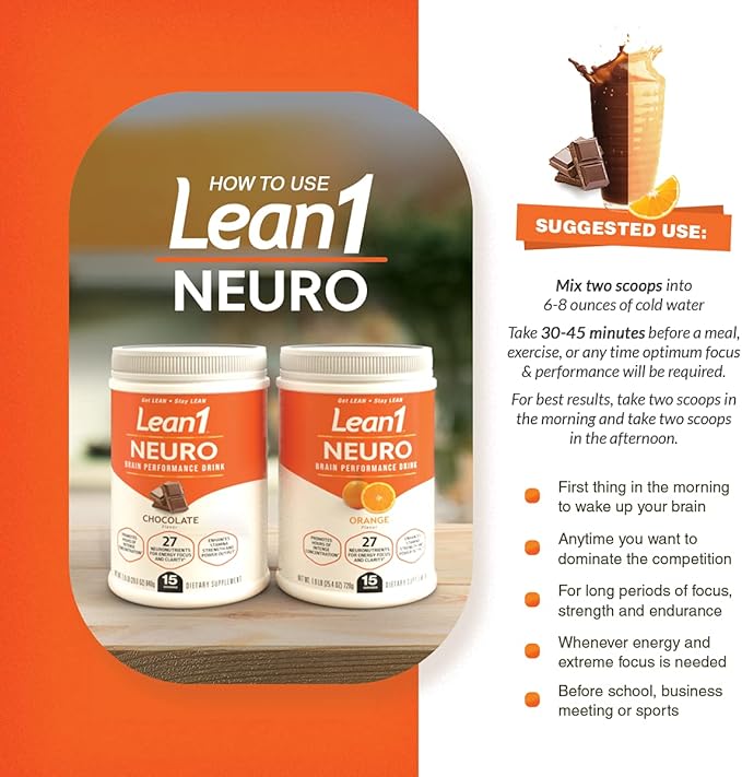Lean1 Neuro Chocolate, Mental Energy Drink, 15 Serving tub by Nutrition53