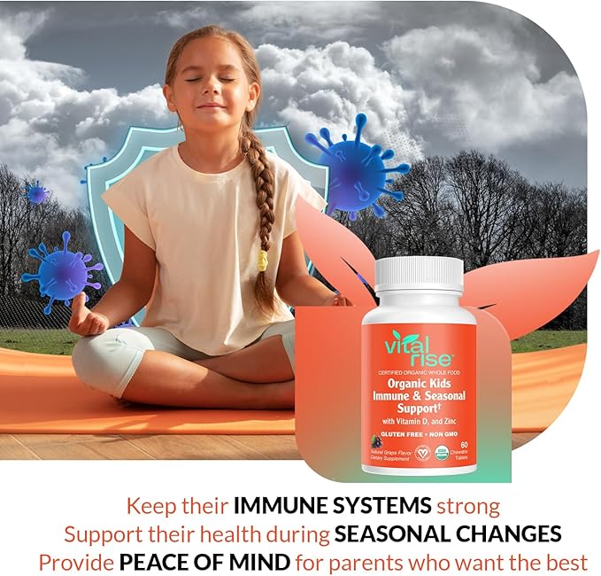 Kids Immune Support Chewables – USDA Organic – Vitamin C, D3, Zinc Supplements & Elderberry – Vegan, Non-GMO, Gluten Free – Seasonal Immune Defense for Children Ages 4+ – 60 Count