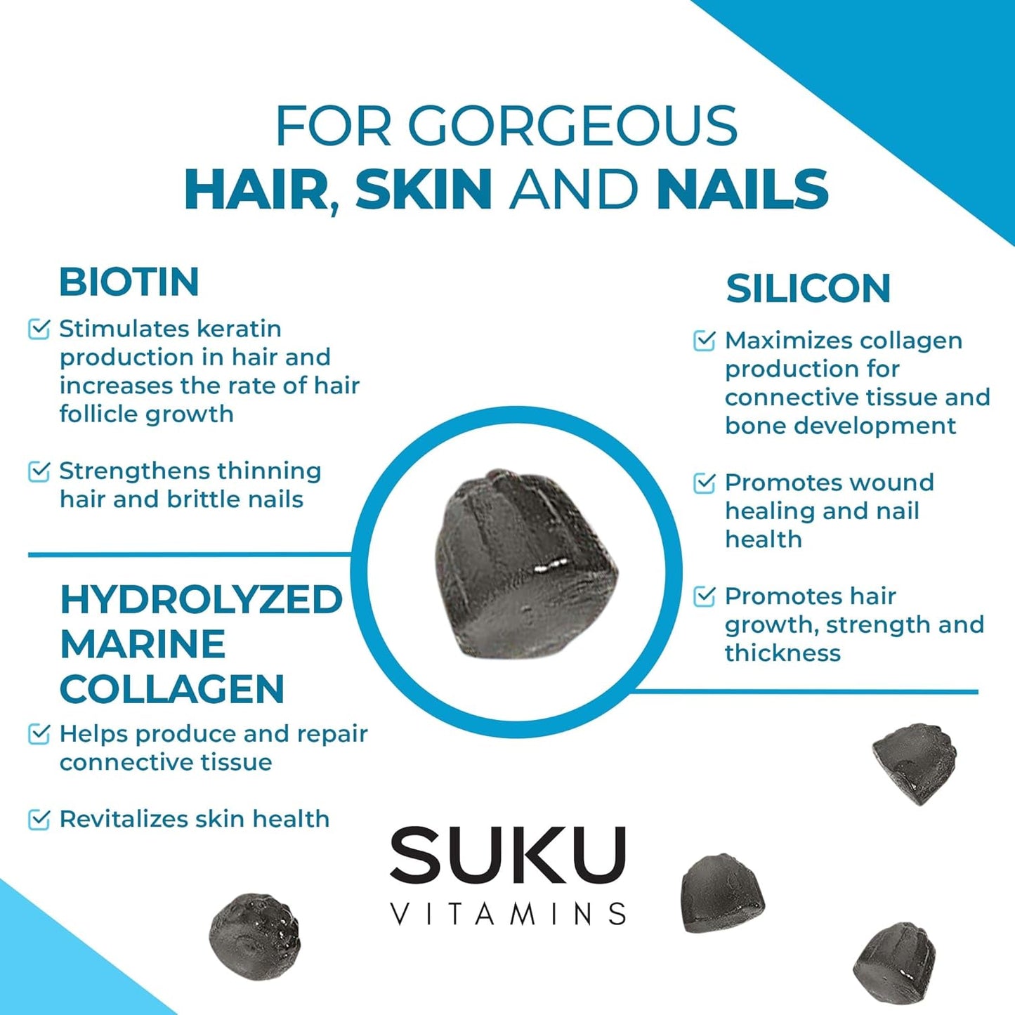 SUKU Vitamins - Luscious Hair - Silicon Biotin and Hydrolyzed Marine Collagen Gummies for Skin, Hair & Nails - Easy to Chew - Non GMO, Gluten Sugar Free - Blueberry Flavored Gummy Vitamins - 50 Count