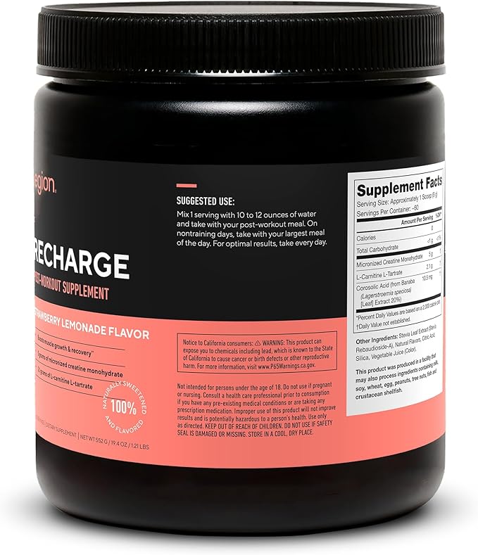 LEGION Recharge Post Workout Supplement (Strawberry Lemonade) - All Natural Muscle Builder & Recovery Drink with Micronized Creatine Monohydrate. Naturally Sweetened & Flavored 60 Serving
