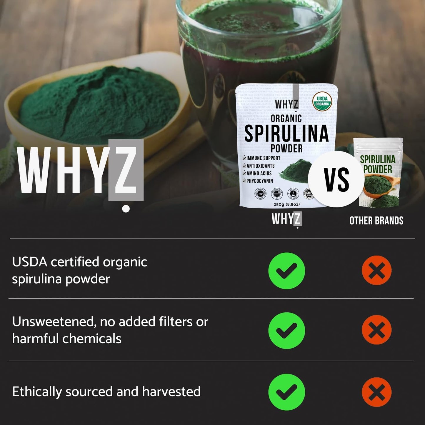 WHYZ Organic Spirulina Powder, 250g, Protein-Rich Spirulina Supplement, Organic Superfood for Immune Support, Green Spirulina Powder Organic Non GMO for Smoothies & Recipes