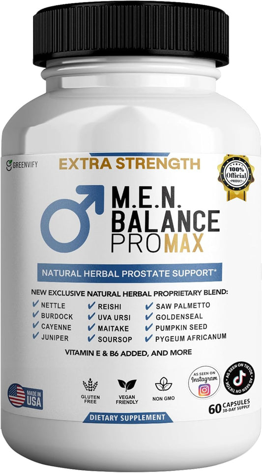 M.E.N. Balance Pro Max, Extra Strength Prostate Support Supplement, Natural Herbal Blend with Saw Palmetto, 60 Capsules (1)