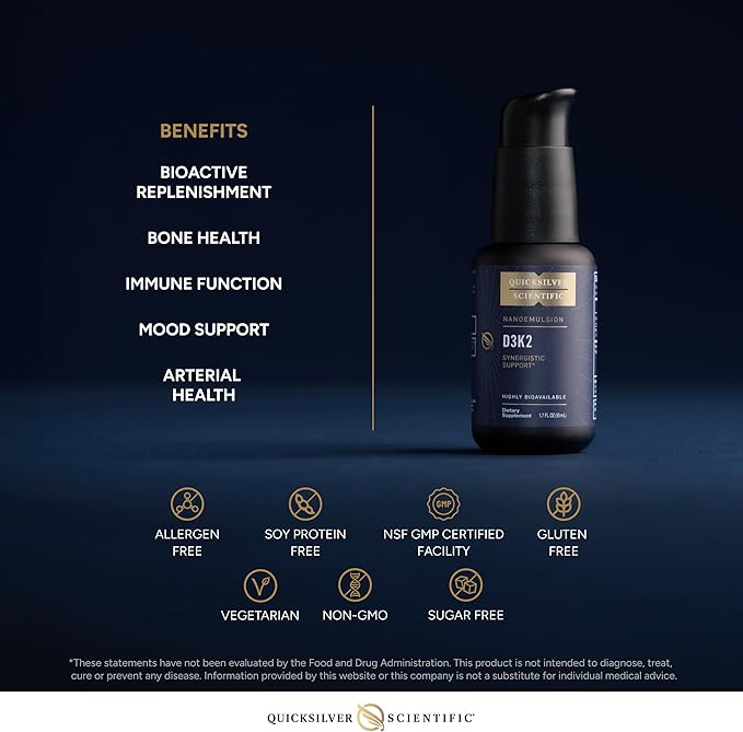 Quicksilver Scientific Nanoemulsified D3K2 - Emulsified Liquid Vitamin D3 + K2 MK7 Liposomal Supplement for Heart, Bone Health + Immune Support - Bioactive 2500IU for Enhanced Absorption (1.7oz/50ml)