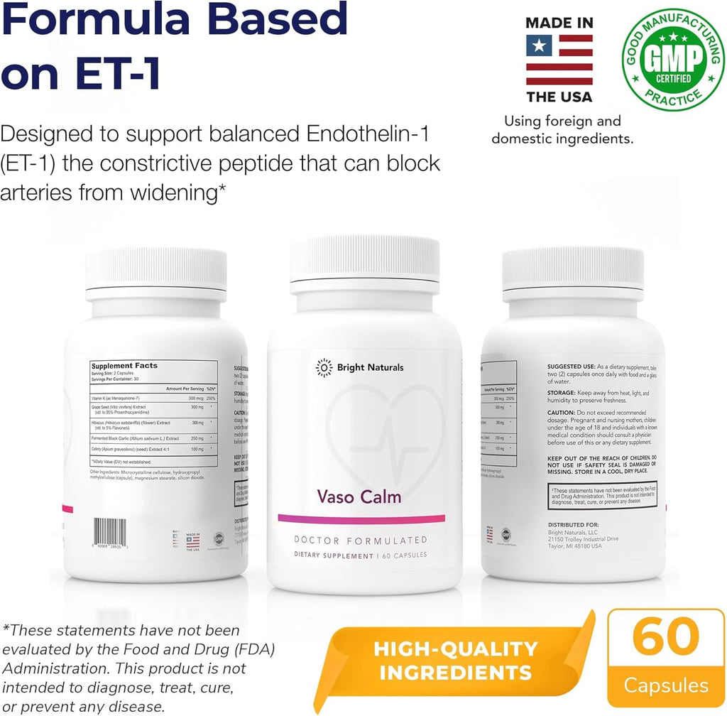 Vaso Calm - Healthy Blood Balance Supplement - Features Fermented Garlic, Celery and Grape Seed Extract, Hibiscus, and Vitamin K2 - Made in The USA