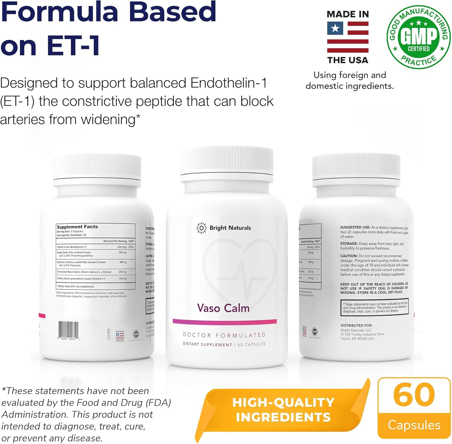 Vaso Calm - Healthy Blood Balance Supplement - Features Fermented Garlic, Celery and Grape Seed Extract, Hibiscus, and Vitamin K2 - Made in The USA, 180 Capsules