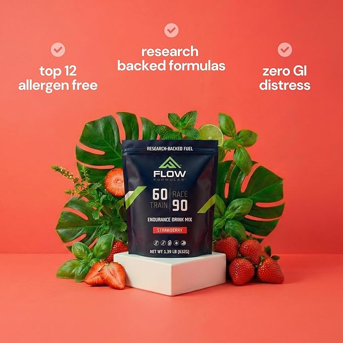 Flow Formulas Strawberry Endurance Drink Mix, Top 12 Allergen-Free, Carbohydrate & Electrolyte Sports Fuel Powder for Performance Training, High Carb Hydration Exercise Support, Gluten-Free, 10 Serv