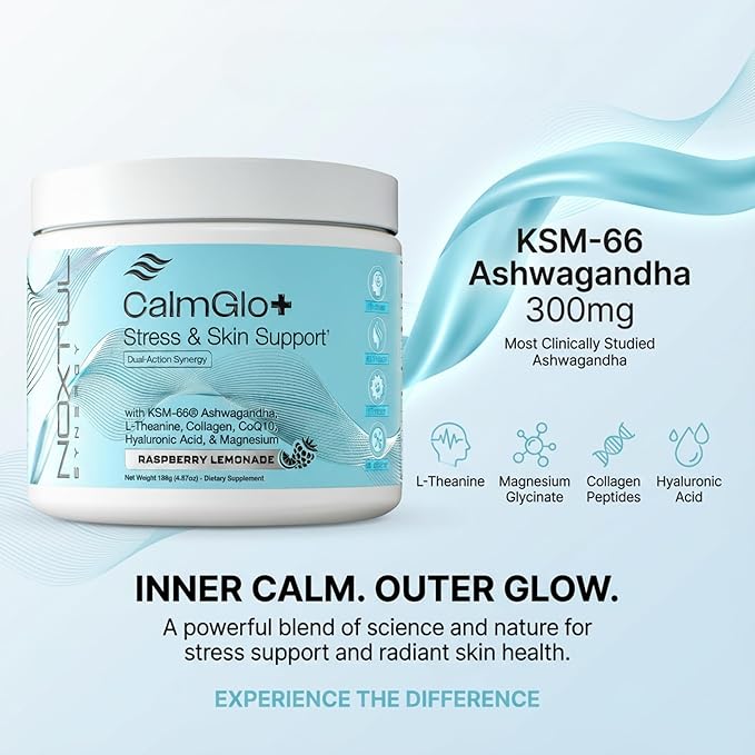CalmGlo+ Stress & Skin Support Supplement Drink - Cortisol Reducer with Ashwagandha KSM-66, L-Theanine, Magnesium & Collagen Peptides - Adrenal Health & Mood Support - Raspberry Lemonade, 30 Servings