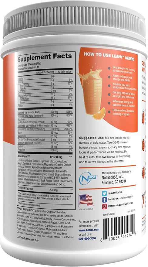 Lean1 Neuro, Mental Energy Powder Drink, orange flavor, 15 serving tub by Nutrition53