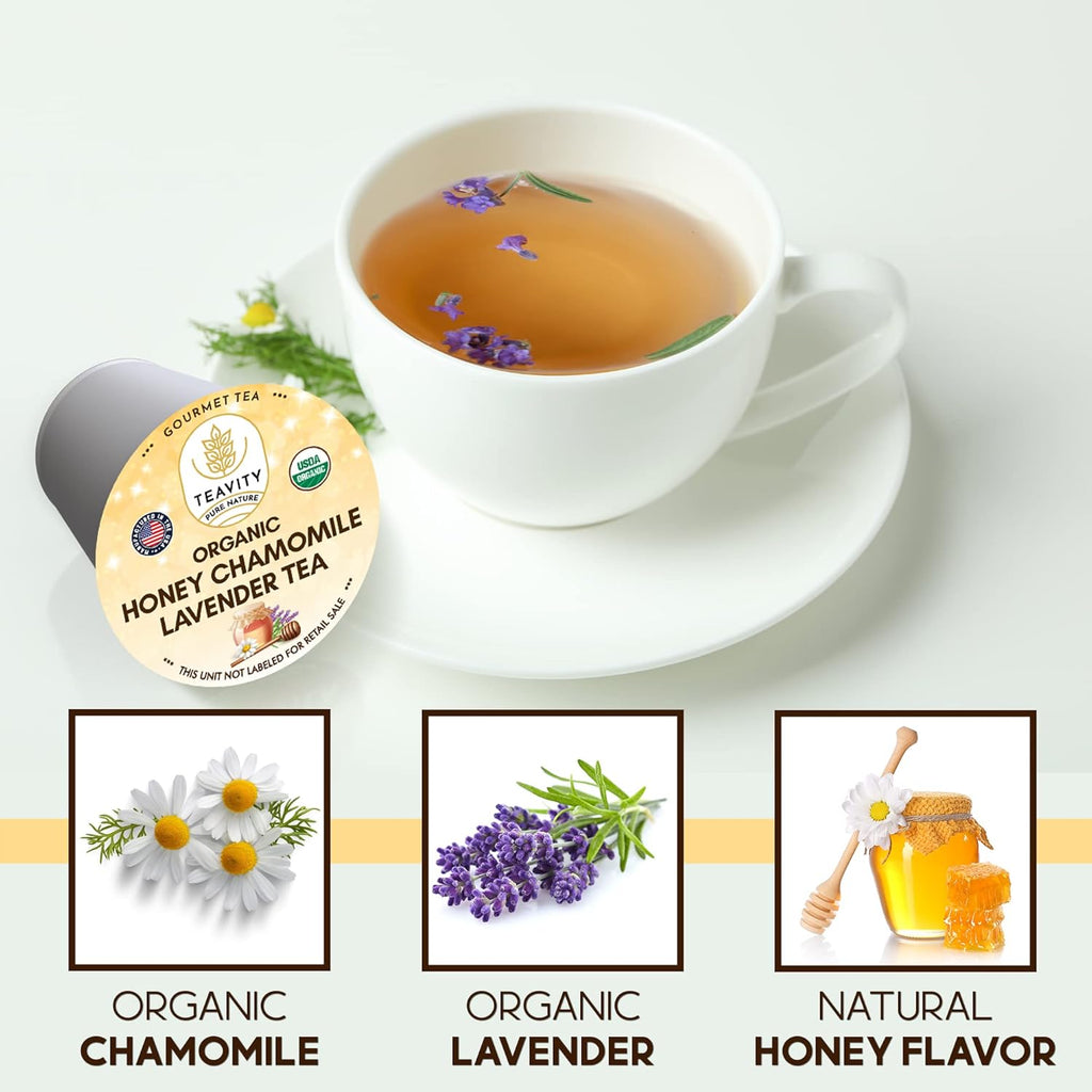 Organic Chamomile and Lavender Tea Pods for Keurig - Decaf Herbal Tea for Keurig K Cups - Honey Chamomile Lavender by Teavity (36 Tea Pods)