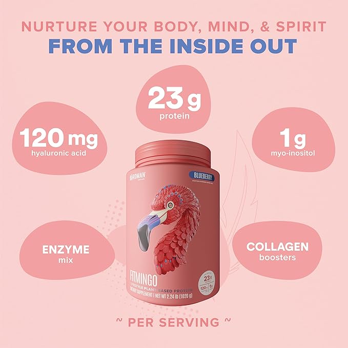 BIRDMAN Fitmingo Vegan Protein Powder with Inositol, Collagen Boosters, Hyaluronic Acid and Vitamins | Low Carb, Dairy Free, Lactose Free, Low Calorie, 23g Plant Based Blueberry Protein Powder