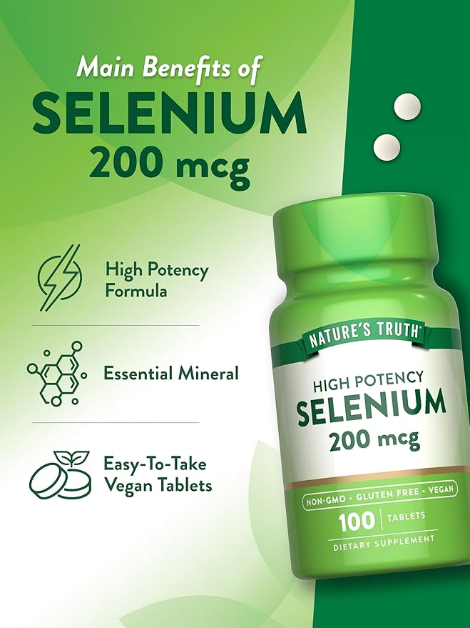 Nature's Truth Selenium 200 mcg Supplement | Essential Mineral High Potency Tablets | Vegan, Non-GMO & Gluten Free