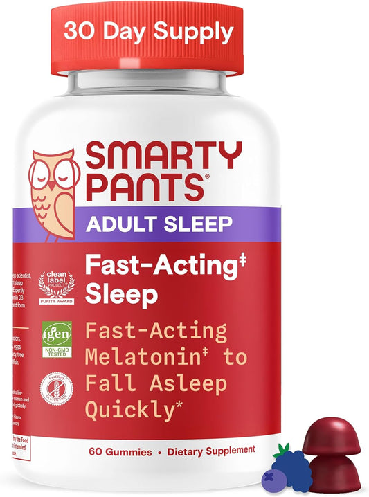 SmartyPants Adult Sleep Gummies with Melatonin: Magnesium & L-Theanine, Drug-Free, Non-Habit Forming Sleep Aid, Fast-Acting, Blueberry BlackBerry Flavor, 60 Count